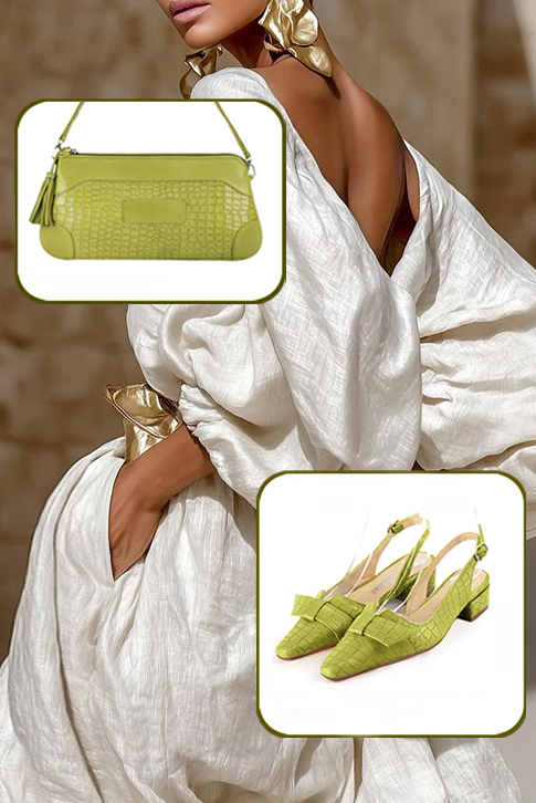 Dress slingback heels in pistachio green leather with low block heels and tapered toe - Worn view